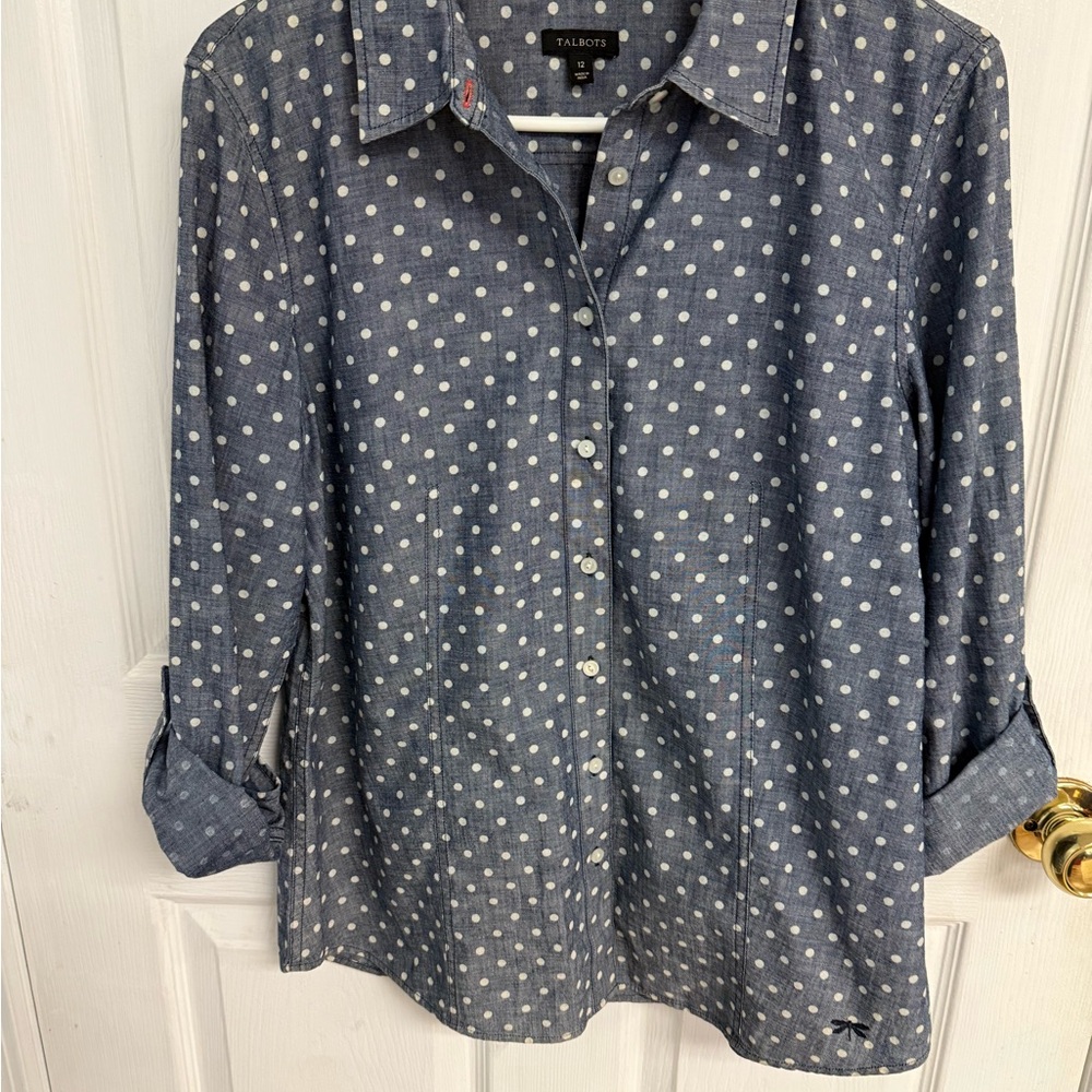 Talbots Navy Polka Dot Blouse sz 12